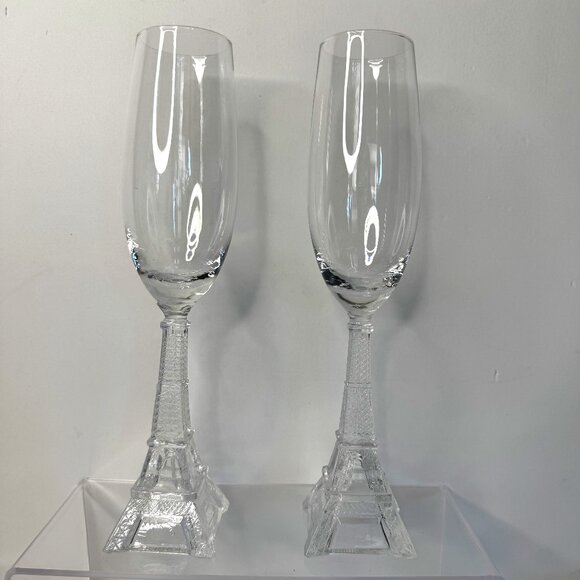 Eiffel Tower Stemmed Glass Champagne Flutes 10" Set 2 "A night in Paris" - Picture 1 of 10